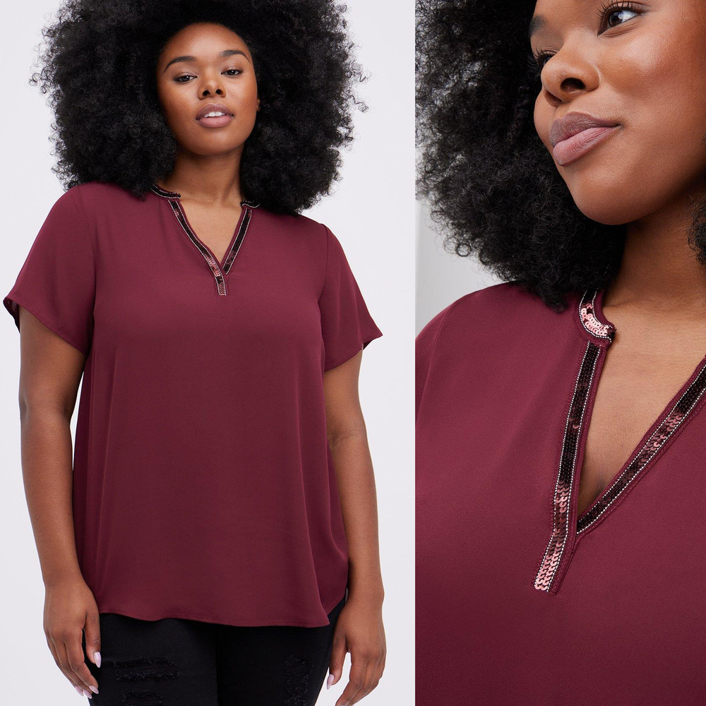 Torrid | Wine-Colored Georgette Embellished Neck Hi-Low Short Sleeve Blouse